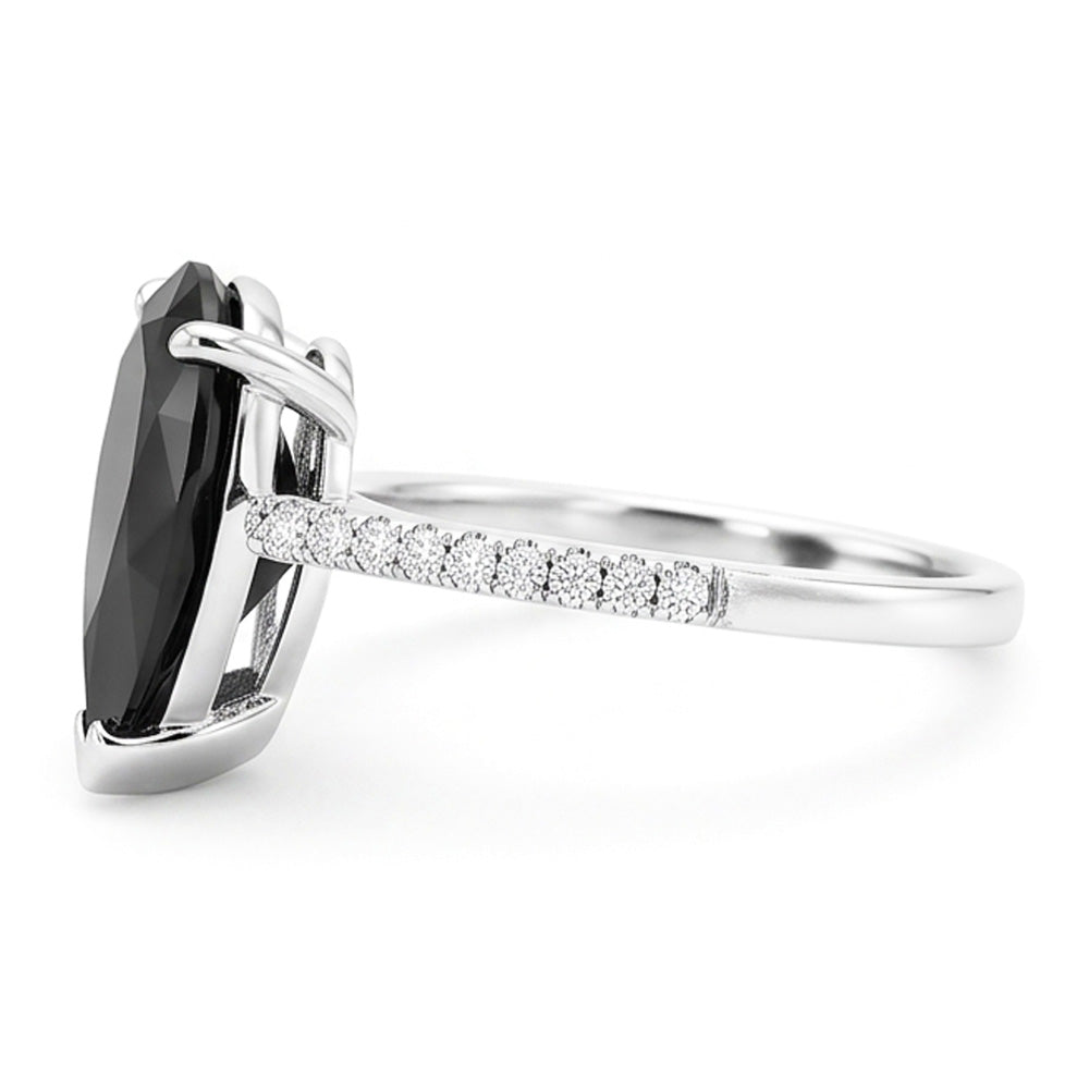 Anello Solitario con Diamante Nero Naturale a Goccia da 5 Carati e Pavé in Oro Bianco 14K