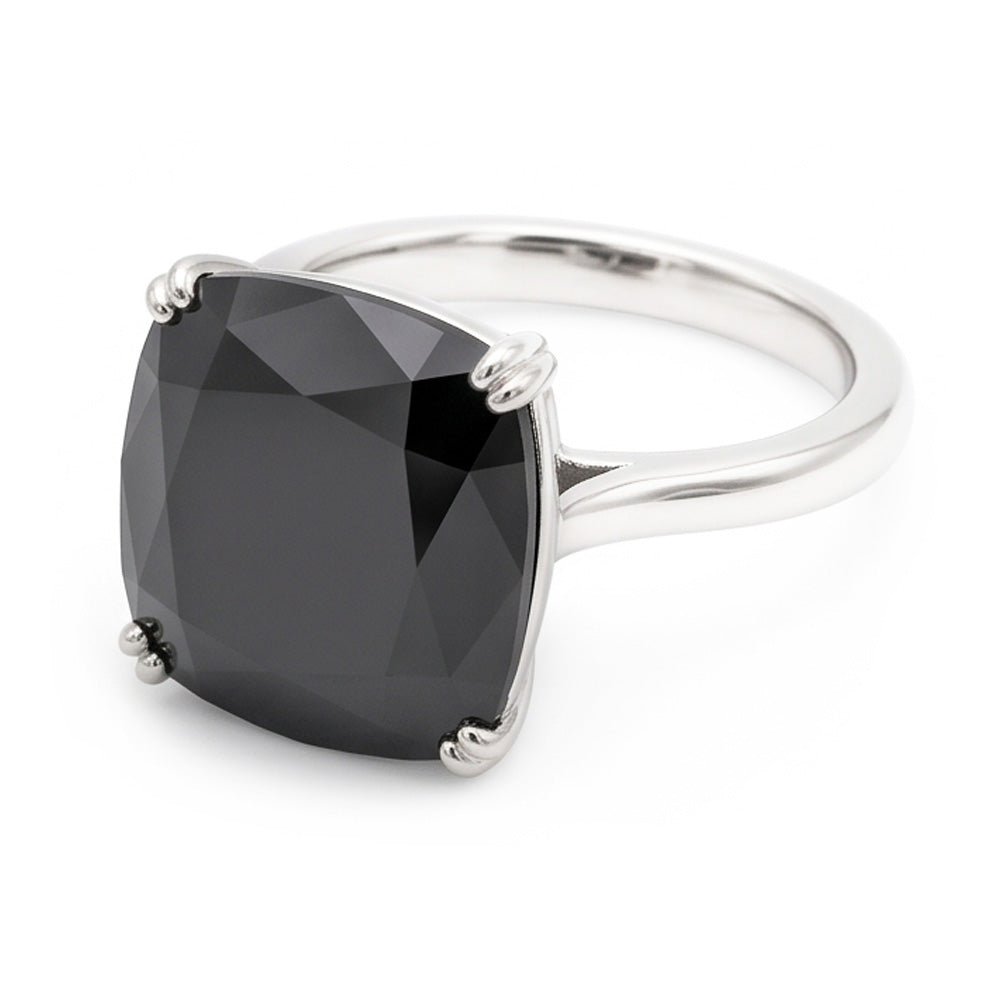 Anello Solitario con Diamante Nero Naturale Taglio Cuscino da 6 Carati in Oro Bianco 14K