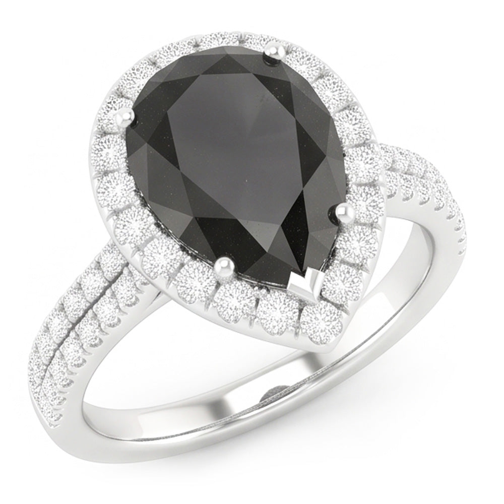 Anello con Diamante Nero Naturale da 6 Carati Taglio a Goccia Halo in Oro Bianco 14 Carati