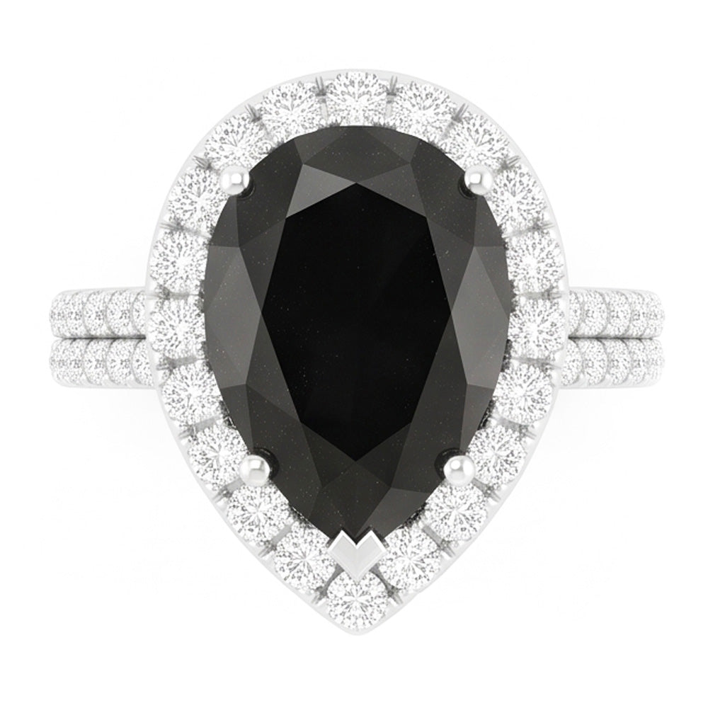 Anello con Diamante Nero Naturale da 6 Carati Taglio a Goccia Halo in Oro Bianco 14 Carati