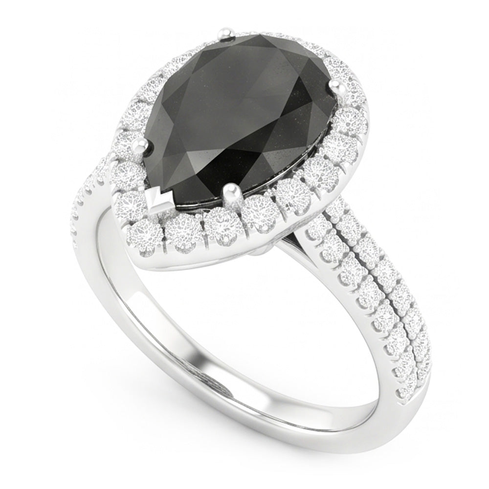Anello con Diamante Nero Naturale da 6 Carati Taglio a Goccia Halo in Oro Bianco 14 Carati