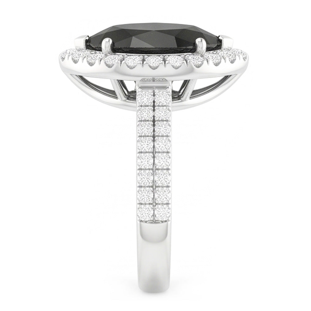 Anello con Diamante Nero Naturale da 6 Carati Taglio a Goccia Halo in Oro Bianco 14 Carati