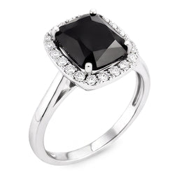 Anello di Fidanzamento Nero con Diamante Autentico Taglio Radiant da 10 Carati Halo in Oro Bianco 14K