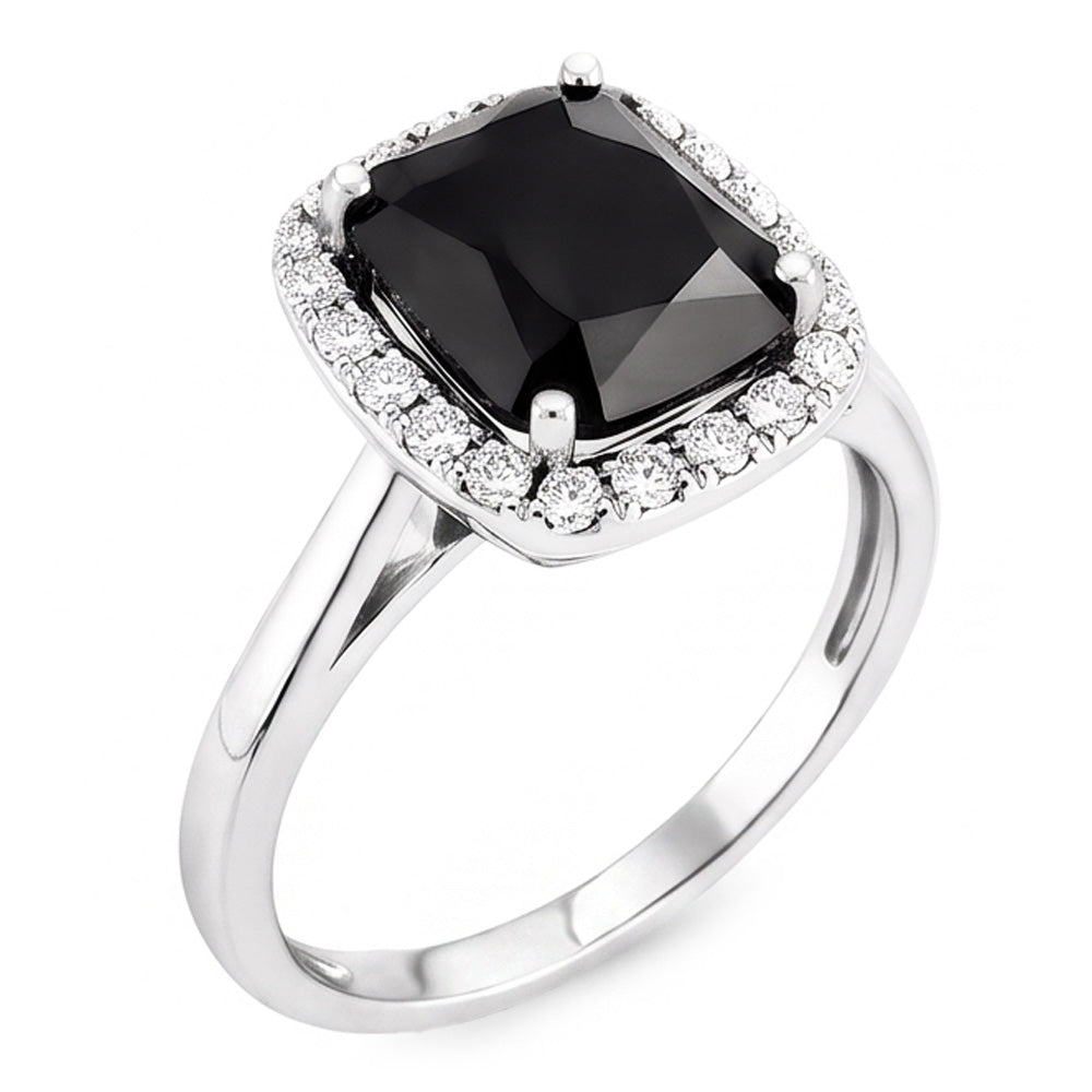 Anello di Fidanzamento Nero con Diamante Autentico Taglio Radiant da 10 Carati Halo in Oro Bianco 14K