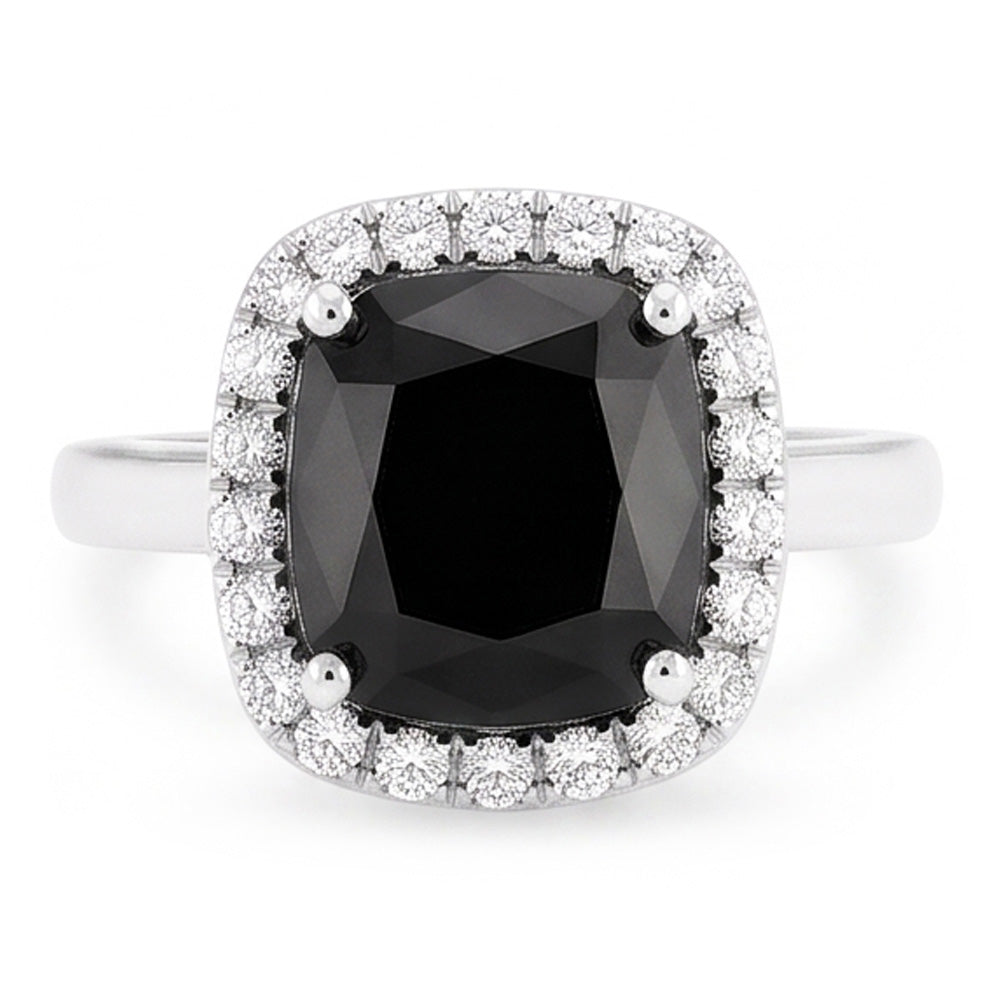 Anello di Fidanzamento Nero con Diamante Autentico Taglio Radiant da 10 Carati Halo in Oro Bianco 14K
