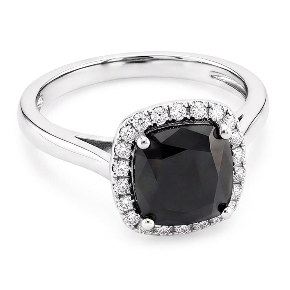 Anello di Fidanzamento Nero con Diamante Autentico Taglio Radiant da 10 Carati Halo in Oro Bianco 14K