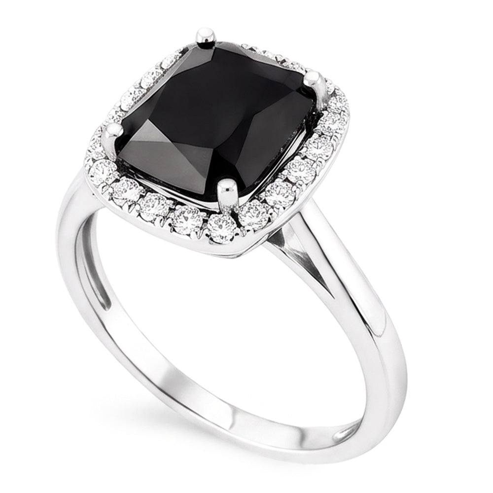 Anello di Fidanzamento Nero con Diamante Autentico Taglio Radiant da 10 Carati Halo in Oro Bianco 14K
