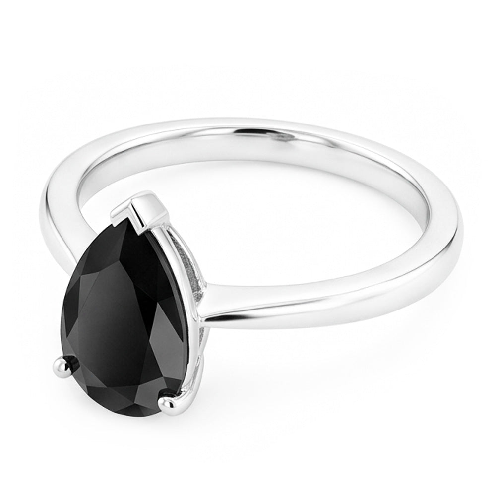Anello di Fidanzamento Solitario Nero con Diamante Naturale a Goccia da 3,5 Carati in Oro Bianco 14K Liscio