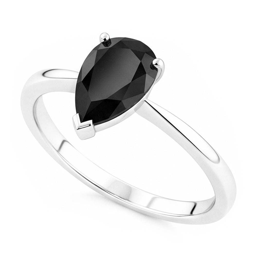 Anello di Fidanzamento Solitario Nero con Diamante Naturale a Goccia da 3,5 Carati in Oro Bianco 14K Liscio