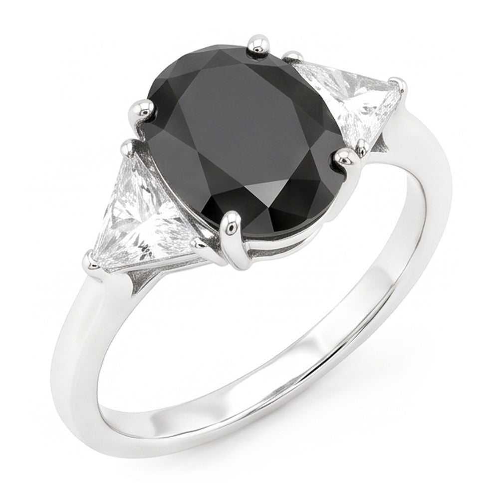 Anello di Fidanzamento Nero da Donna con Diamante Ovale Naturale da 3,6 Carati a Tre Pietre Taglio Trilliant in Oro Bianco 14K