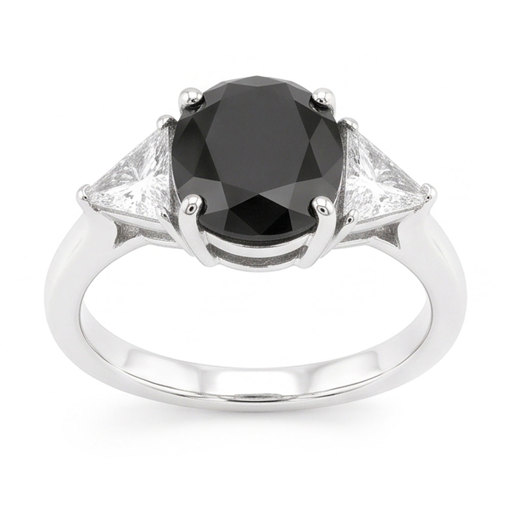 Anello di Fidanzamento Nero da Donna con Diamante Ovale Naturale da 3,6 Carati a Tre Pietre Taglio Trilliant in Oro Bianco 14K