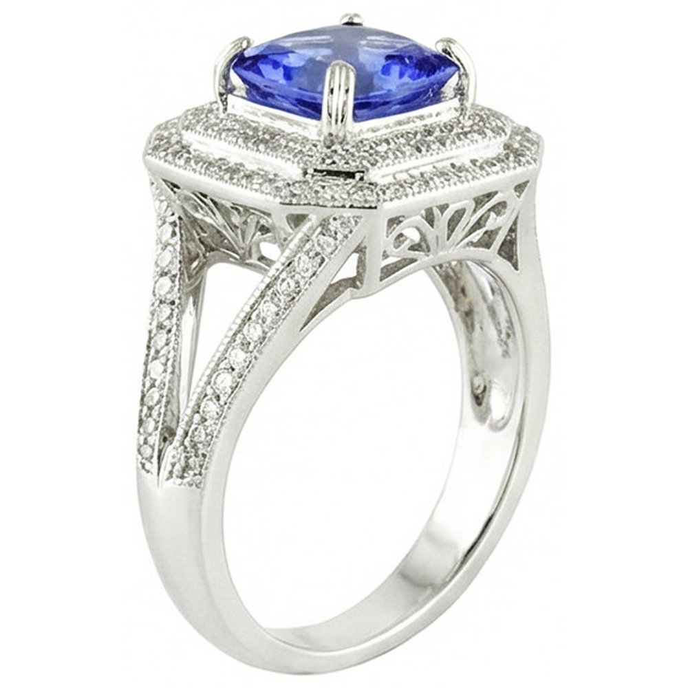 Blu Zaffiro Con Diamante Naturale Autentico ( non creato in laboratorio ) Anello
