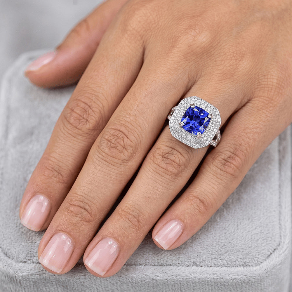 Blu Zaffiro Con Diamante Naturale Autentico ( non creato in laboratorio ) Anello