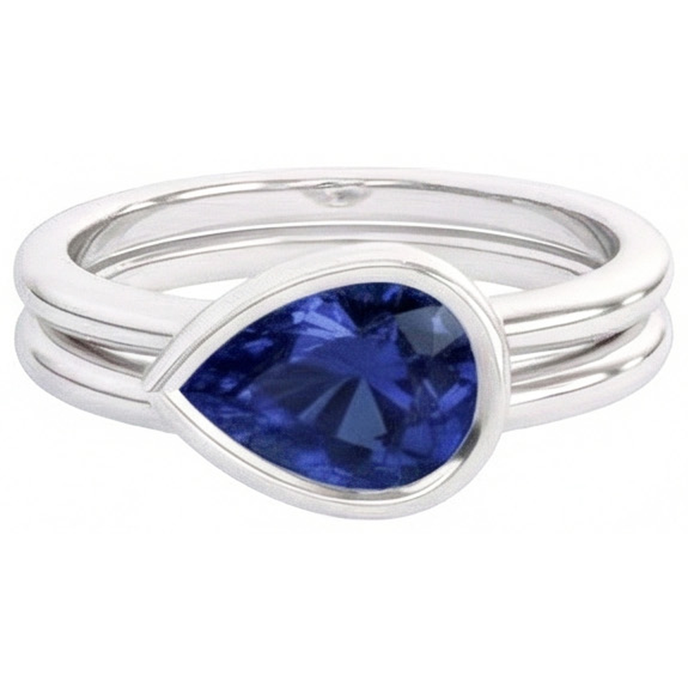 Taglio a Pera Zaffiro Blu Fiordaliso anello in Oro Bianco 14K – vista frontale