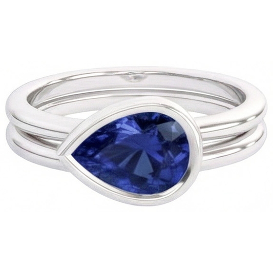 Taglio a Pera Zaffiro Blu Fiordaliso anello in Oro Bianco 14K – vista frontale