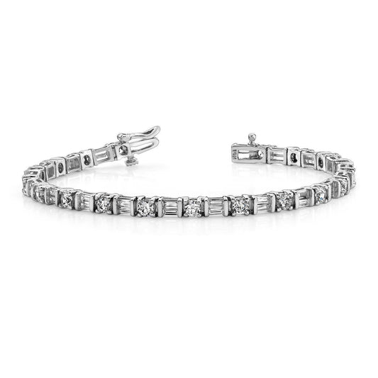 Bracciale Tennis Con 11,40 Ct. Genuino Diamanti Tondi E Baguette E Oro Bianco 14K