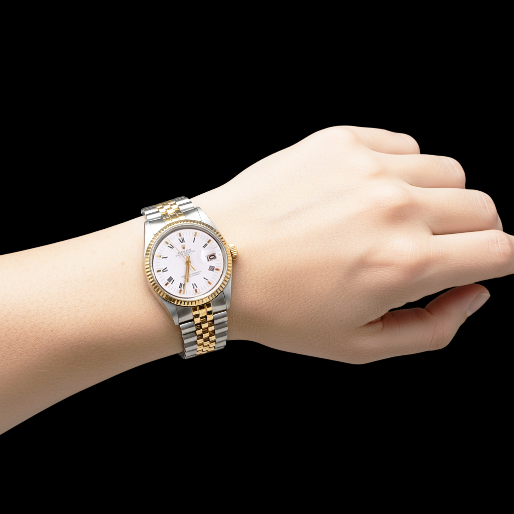 Bracciale giubileo in oro e acciaio Rolex da uomo con data, quadrante romano