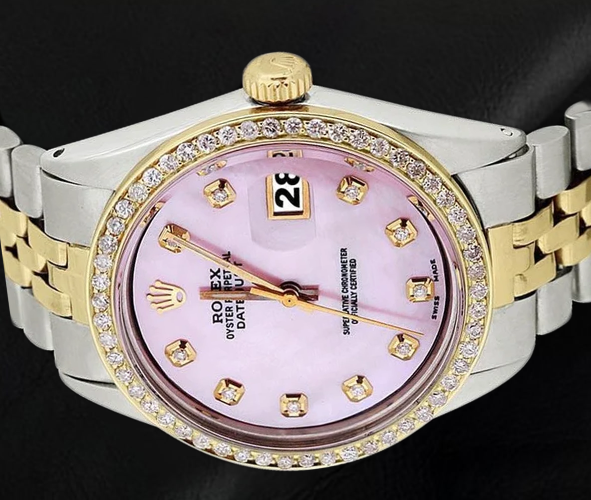 Bracciale giubileo in oro in acciaio inossidabile e orologio con lunetta e quadrante con diamanti rosa Datejust Rolex impostazione rapida