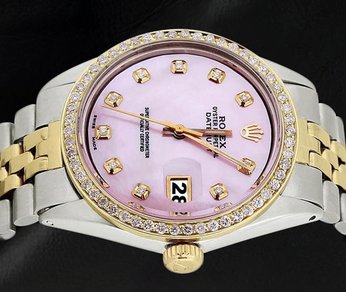 Bracciale giubileo in oro in acciaio inossidabile e orologio con lunetta e quadrante con diamanti rosa Datejust Rolex impostazione rapida