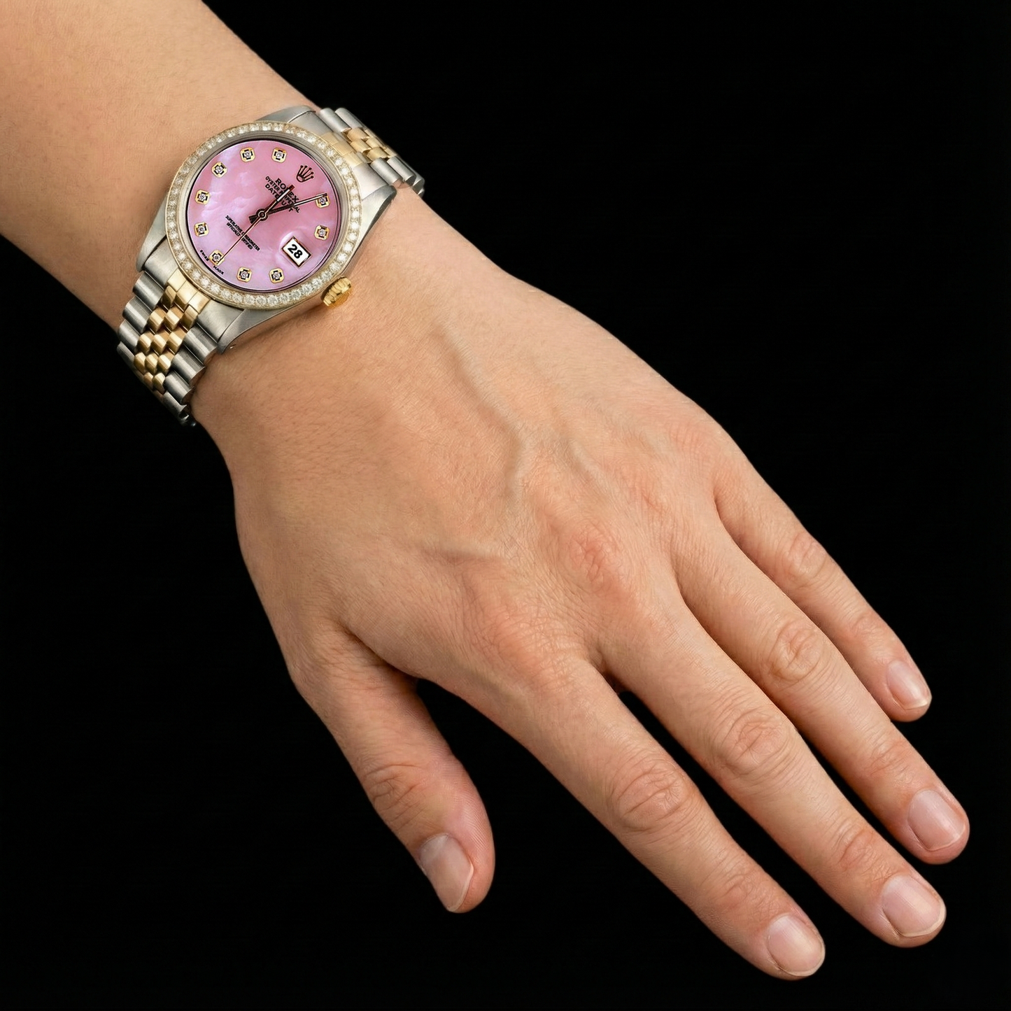 Bracciale giubileo in oro in acciaio inossidabile e orologio con lunetta e quadrante con diamanti rosa Datejust Rolex impostazione rapida