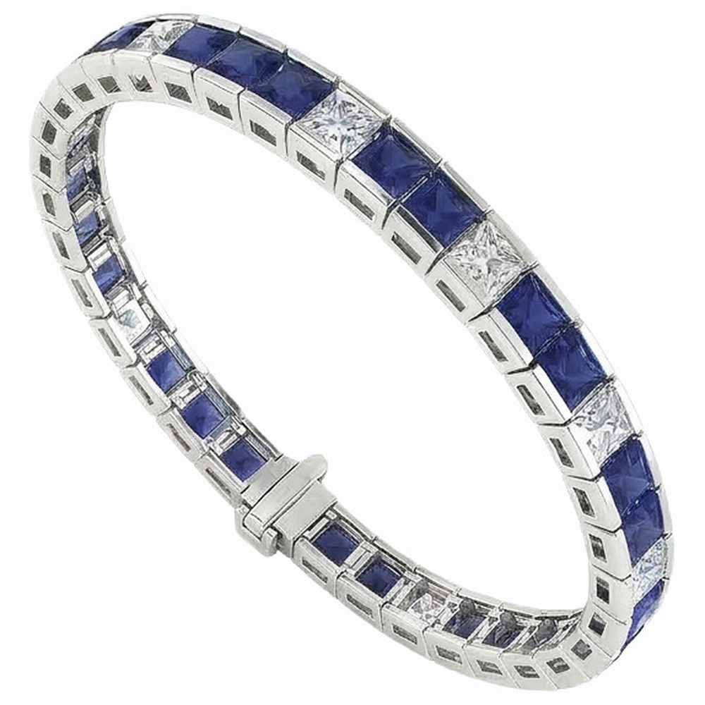 Bracciale tennis in zaffiro blu taglio Princess 25 carati in oro bianco 14K