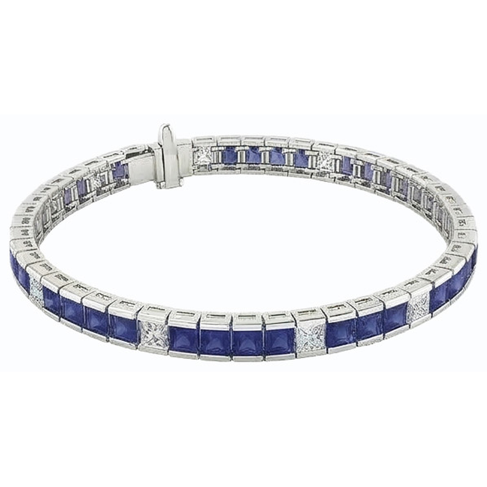 Bracciale tennis in zaffiro blu taglio Princess 25 carati in oro bianco 14K