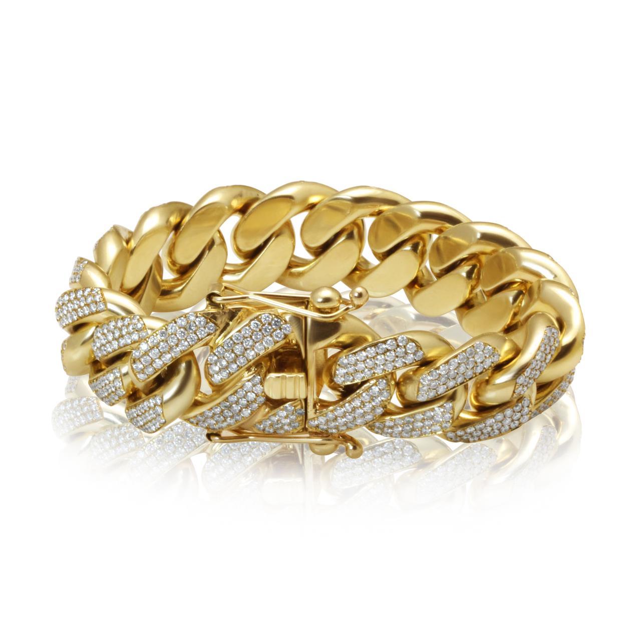 Bracciale Da Uomo A Maglia Cubana In Oro Giallo 14K 18 Mm, 9,70 Carati, Naturale Diamanti