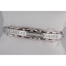 Bracciale Rigido Con Vero Diamanti Taglio Princess Da 5,50 Carati, Oro Bianco Massiccio 14K,