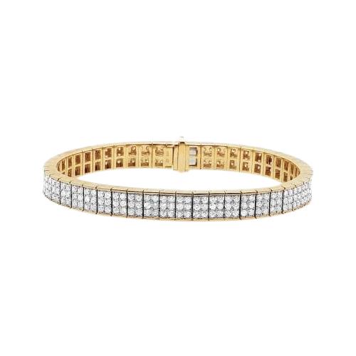 Bracciale Tennis In Oro Giallo Con Tripla Fila Di Naturale Diamanti Taglio Rotondo 8.10 Ct