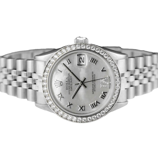 Bracciale giubileo con lunetta personalizzata in diamanti Orologio Rolex Datejust di medie dimensioni in acciaio inossidabile