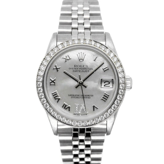 Bracciale giubileo con lunetta personalizzata in diamanti Orologio Rolex Datejust di medie dimensioni in acciaio inossidabile