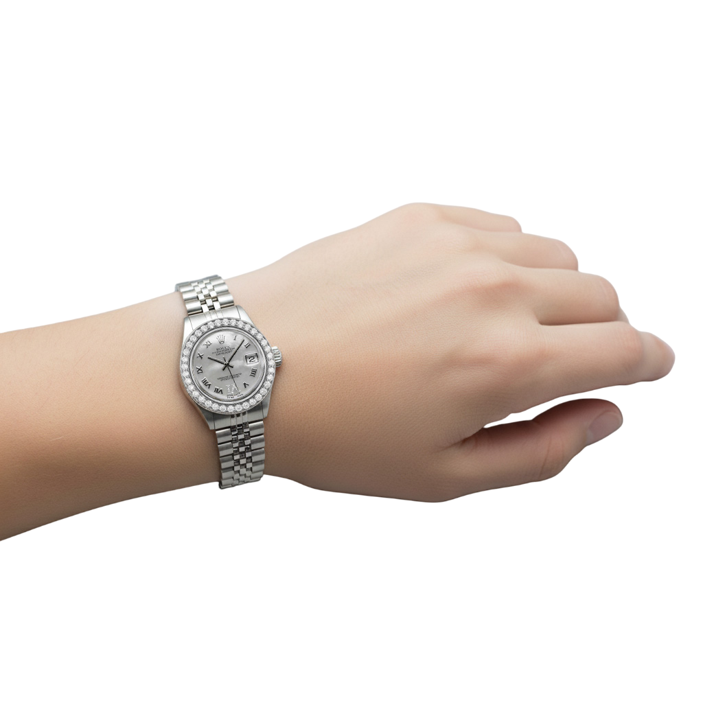 Bracciale giubileo con lunetta personalizzata in diamanti Orologio Rolex Datejust di medie dimensioni in acciaio inossidabile P5