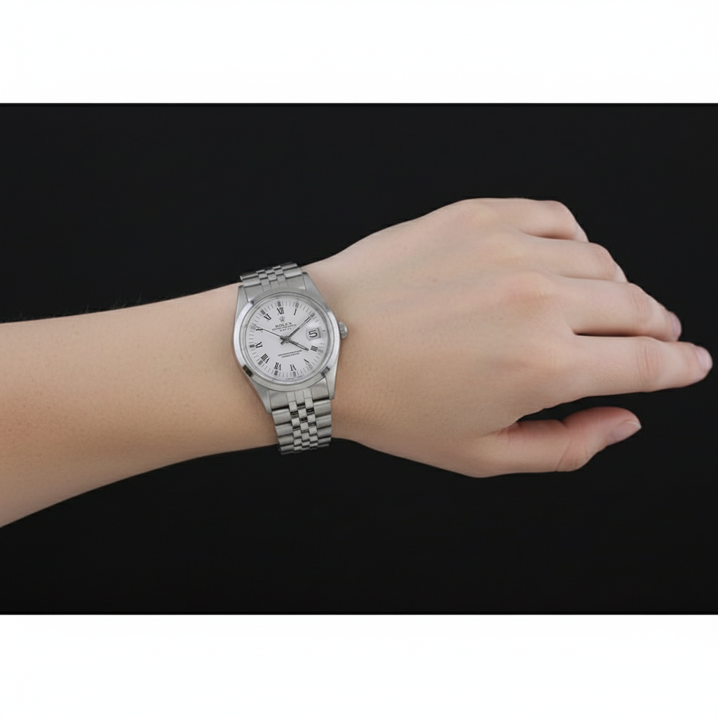 Bracciale giubileo con quadrante bianco e cinturino Rolex Date 34 mm, orologio acciaio inossidabile