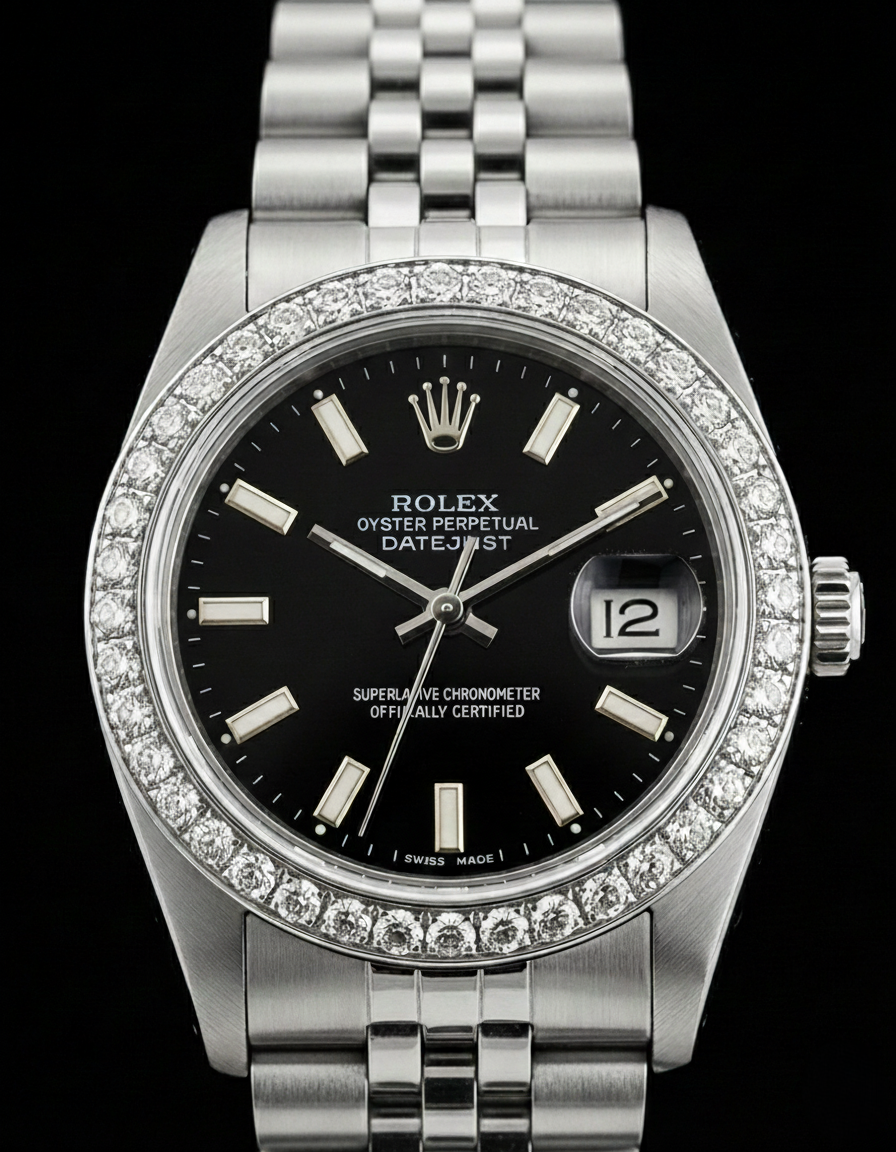 Bracciale giubileo in acciaio inossidabile Quadrante a bastoncino nero Lunetta con diamanti Orologio Rolex
