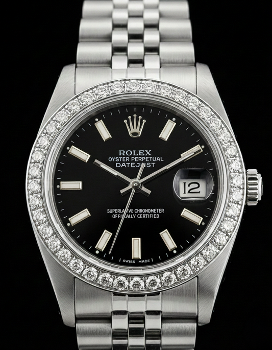 Bracciale giubileo in acciaio inossidabile Quadrante a bastoncino nero Lunetta con diamanti Orologio Rolex