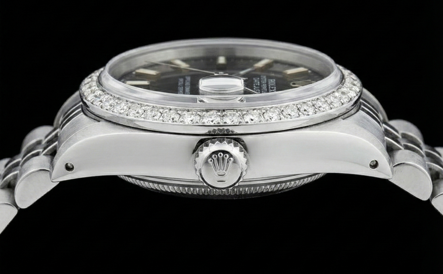 Bracciale giubileo in acciaio inossidabile Quadrante a bastoncino nero Lunetta con diamanti Orologio Rolex