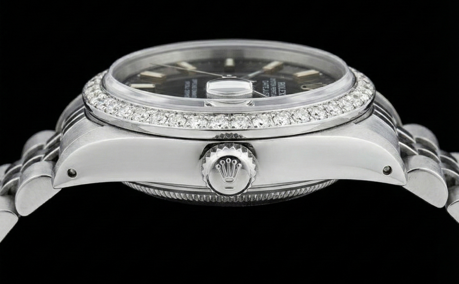 Bracciale giubileo in acciaio inossidabile Quadrante a bastoncino nero Lunetta con diamanti Orologio Rolex