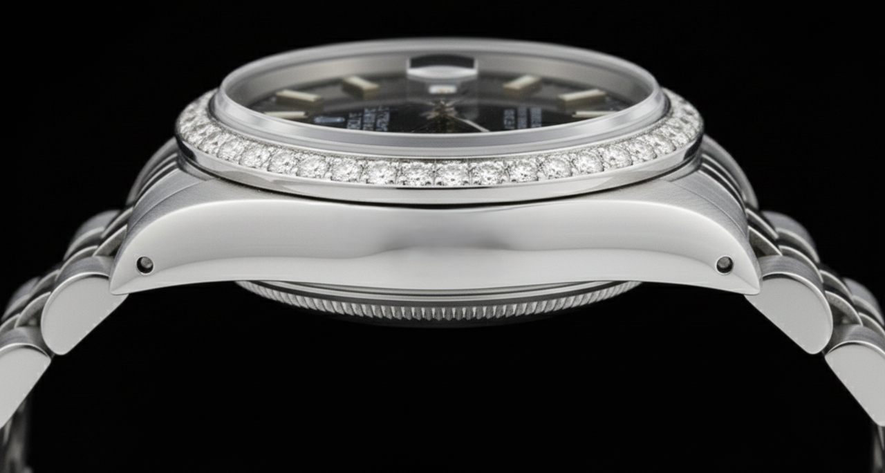 Bracciale giubileo in acciaio inossidabile Quadrante a bastoncino nero Lunetta con diamanti Orologio Rolex