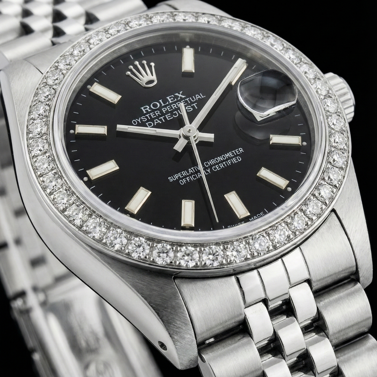 Bracciale giubileo in acciaio inossidabile Quadrante a bastoncino nero Lunetta con diamanti Orologio Rolex