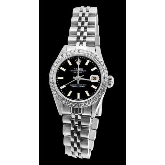 Bracciale giubileo in acciaio inossidabile Quadrante a bastoncino nero Lunetta con diamanti Orologio Rolex