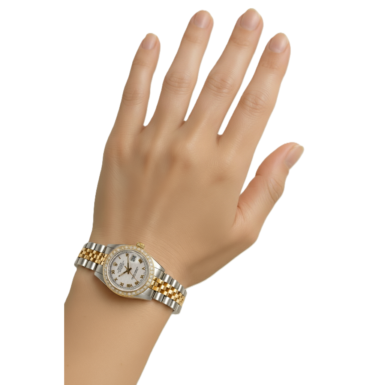 Bracciale giubileo in acciaio inossidabile e quadrante romano in oro Rolex Datejust orologio da donna P2