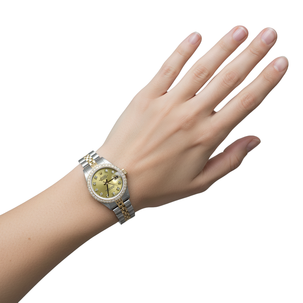 Bracciale in acciaio inossidabile e oro Orologio Rolex Datejust Lunetta con diamanti champagne P2