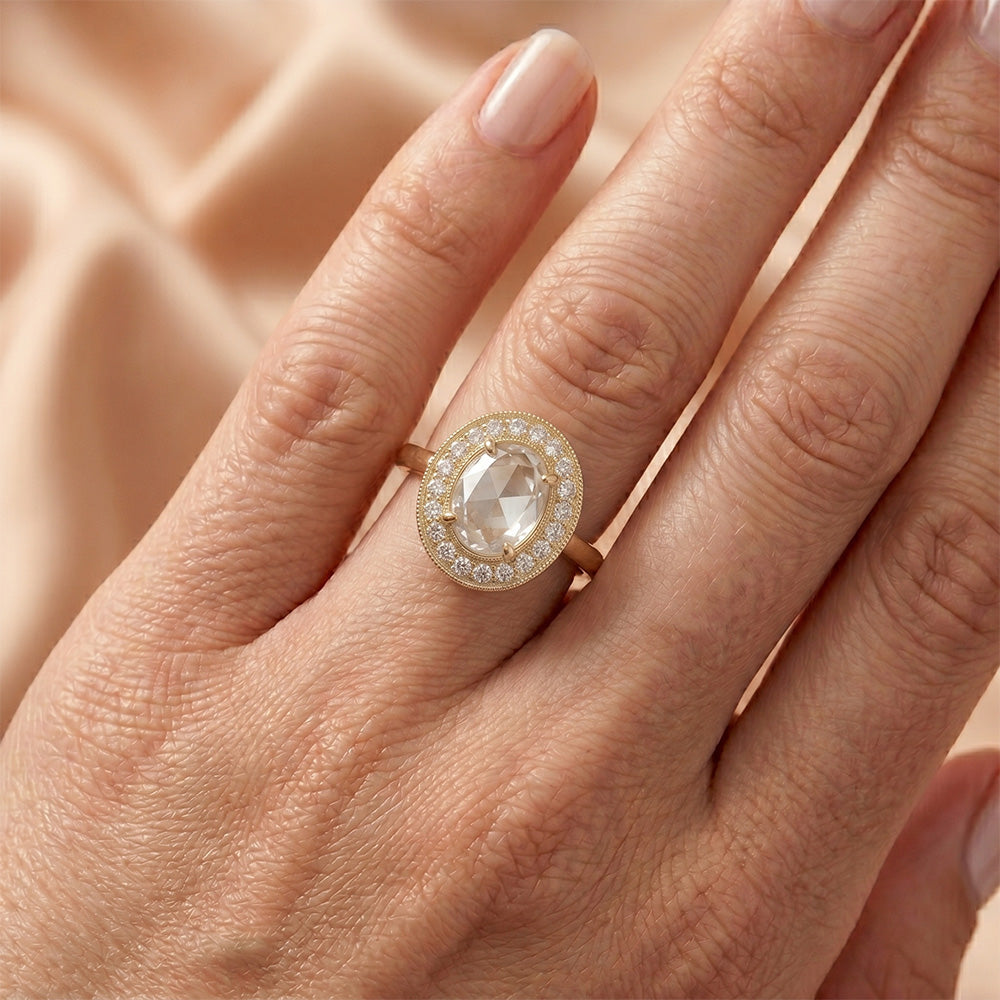 Brillante Taglio Rosa Anello con Pavé Halo 2 carati in Oro 14