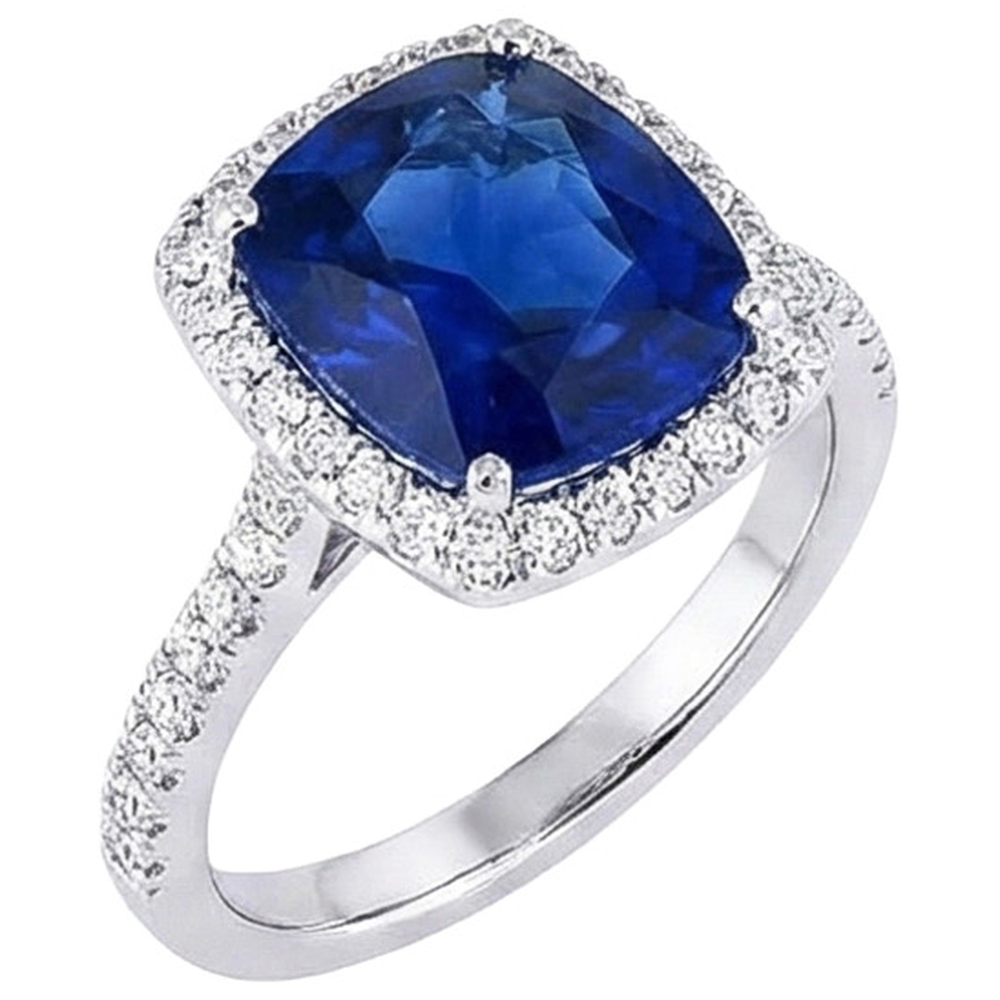 Ceylon Cushion Zaffiro Anello Halo Con Diamante Naturale Autentico ( non creato in laboratorio ) Oro Bianco 14K