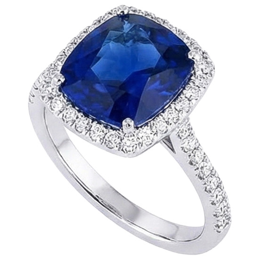 Ceylon Cushion Zaffiro Anello Halo Con Diamante Naturale Autentico ( non creato in laboratorio ) Oro Bianco 14K