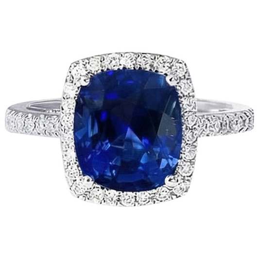 Ceylon Cushion Zaffiro Anello Halo Con Diamante Naturale Autentico ( non creato in laboratorio ) Oro Bianco 14K