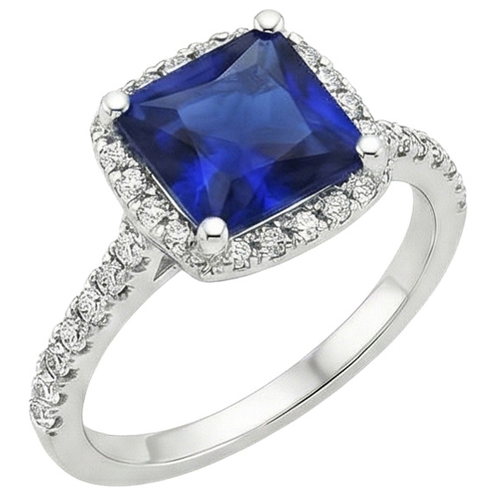 Ceylon Sapphire Halo Diamond Ring 6 carati Princess Cut con accenti