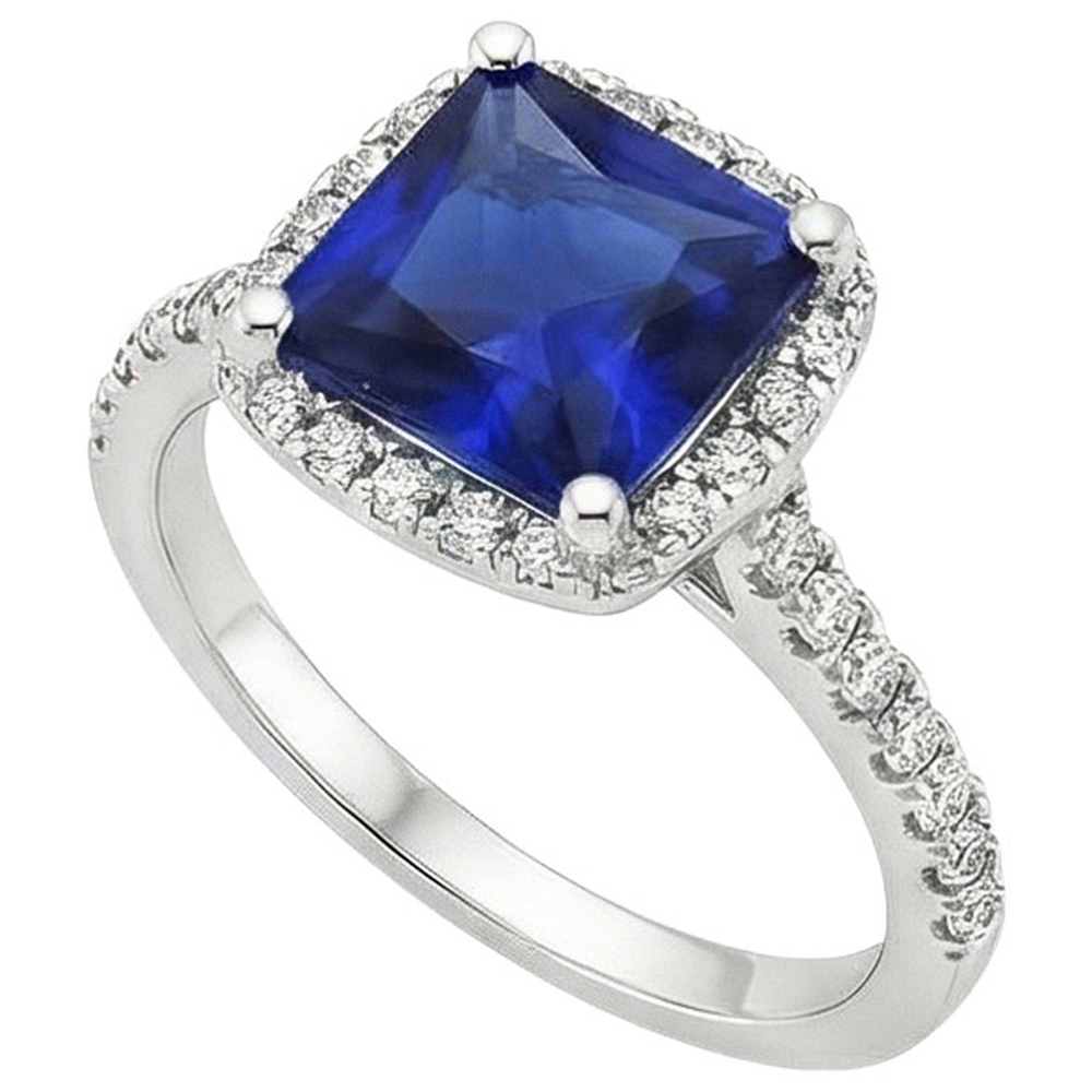 Ceylon Sapphire Halo Diamond Ring 6 carati Princess Cut con accenti