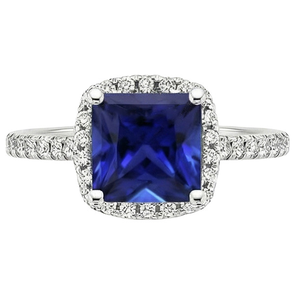 Ceylon Sapphire Halo Diamond Ring 6 carati Princess Cut con accenti