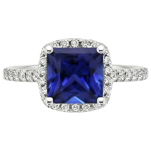 Ceylon Sapphire Halo Diamond Ring 6 carati Princess Cut con accenti